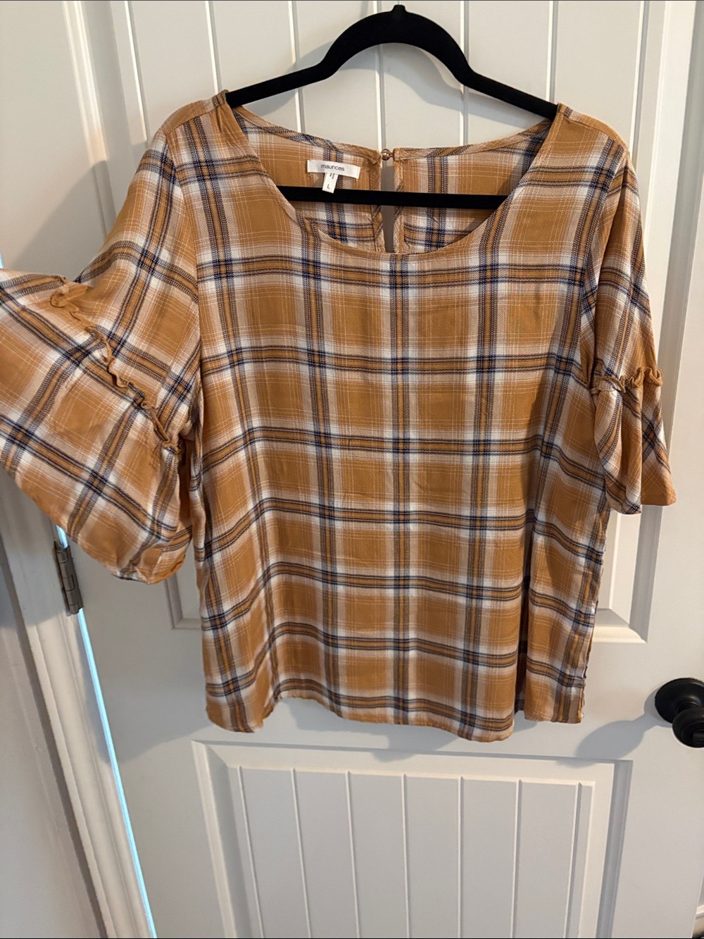 Maurices Mustard Plaid Ruffle Sleeve Scoop Neck Top